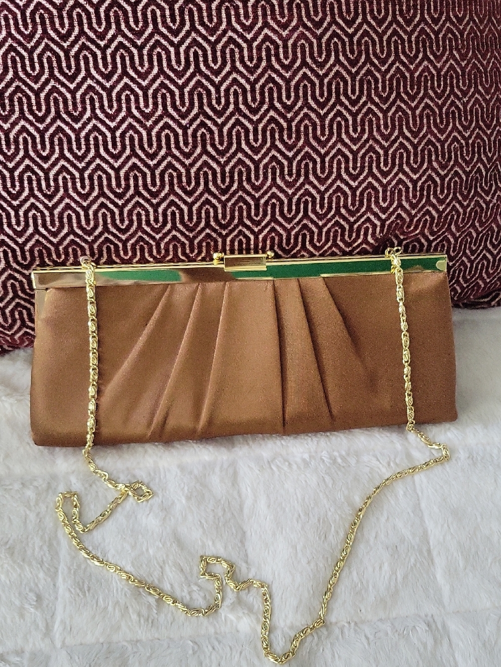 Jessica McClintock Bronze Satin Clutch with Gold Chain